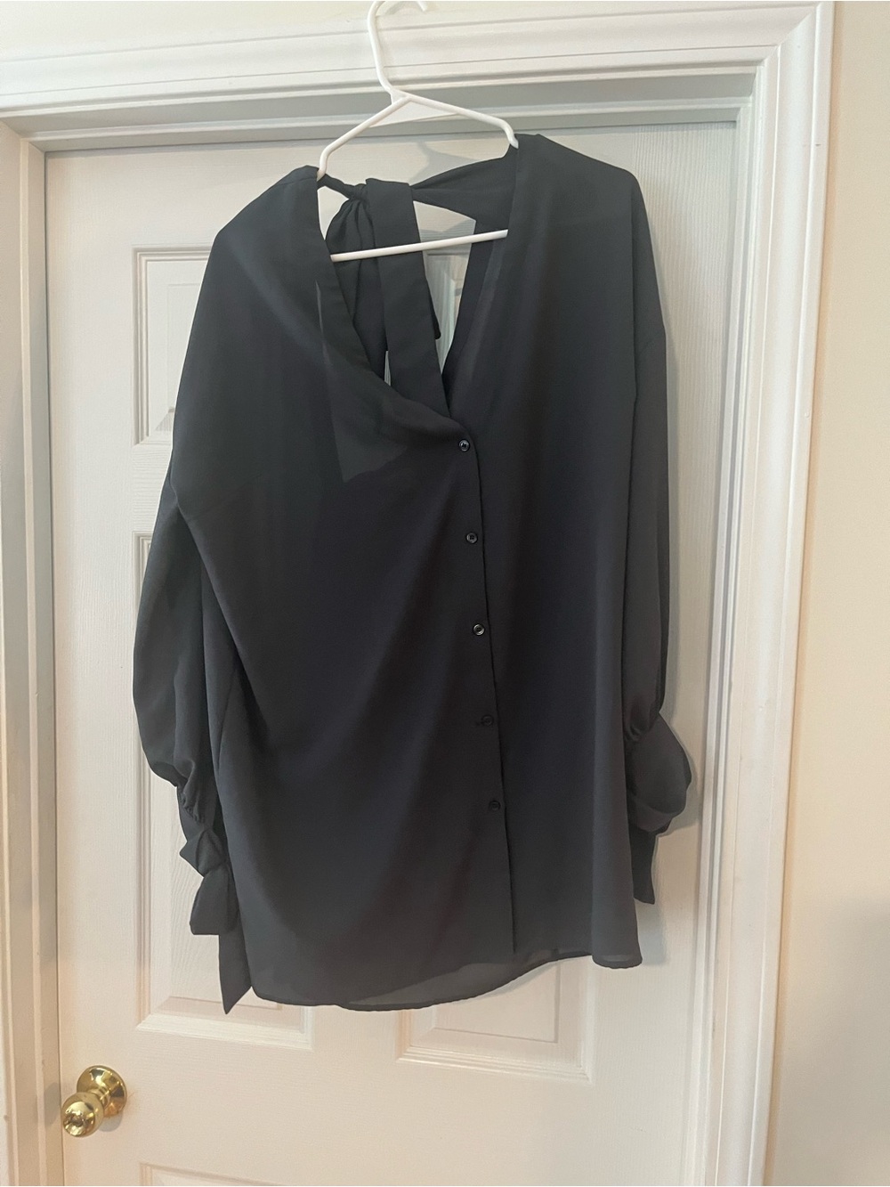 Navy Blue Tie-Back V-Neck Blouse